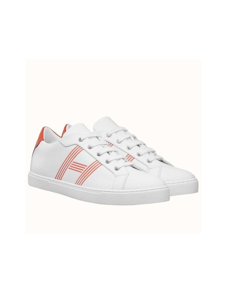Cheap Reps Hermes Mens Avantage Sneakers In White/Orange Calfskin