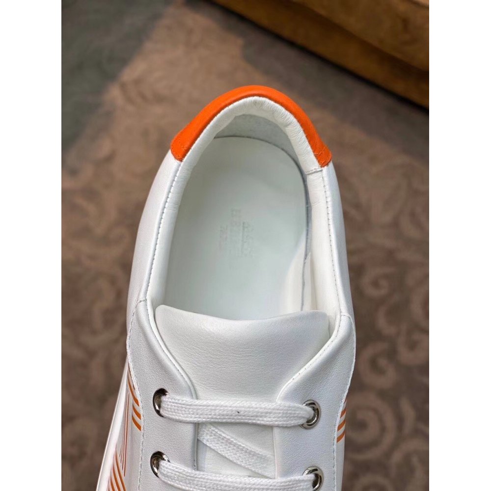 Cheap Reps Hermes Mens Avantage Sneakers In White/Orange Calfskin