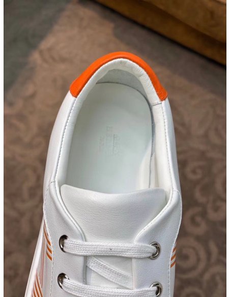 Cheap Reps Hermes Mens Avantage Sneakers In White/Orange Calfskin