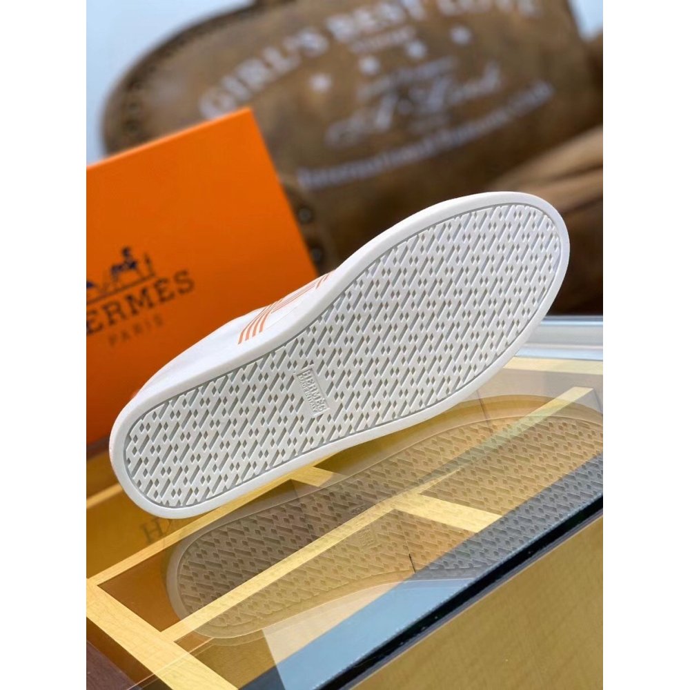 Cheap Reps Hermes Mens Avantage Sneakers In White/Orange Calfskin