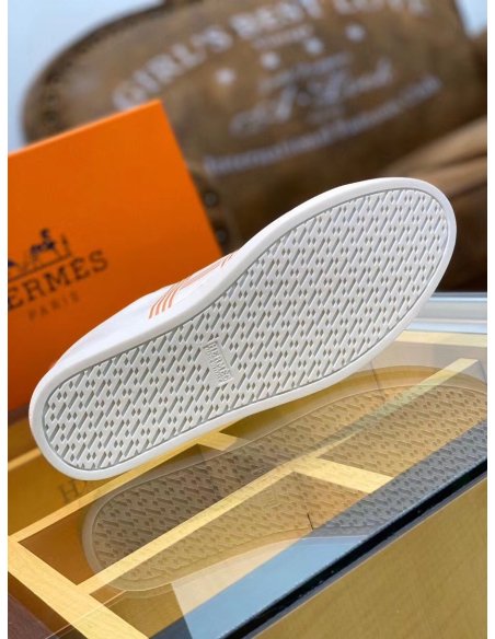 Cheap Reps Hermes Mens Avantage Sneakers In White/Orange Calfskin