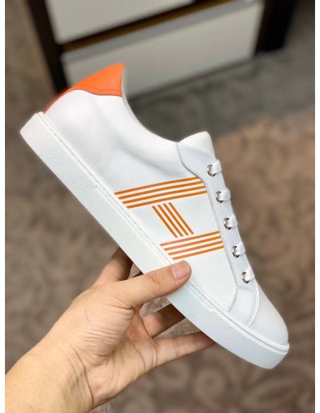 Cheap Reps Hermes Mens Avantage Sneakers In White/Orange Calfskin