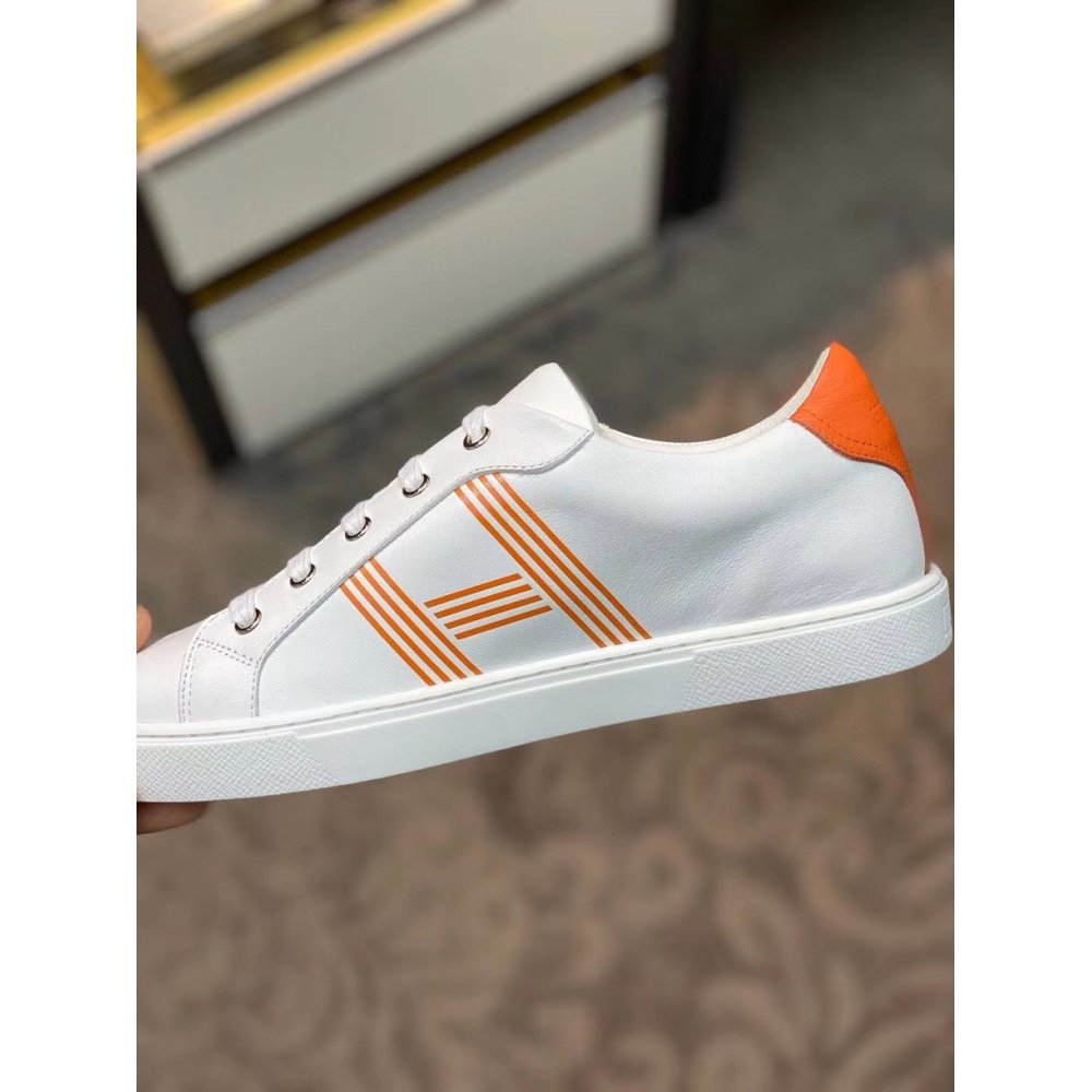 Cheap Reps Hermes Mens Avantage Sneakers In White/Orange Calfskin