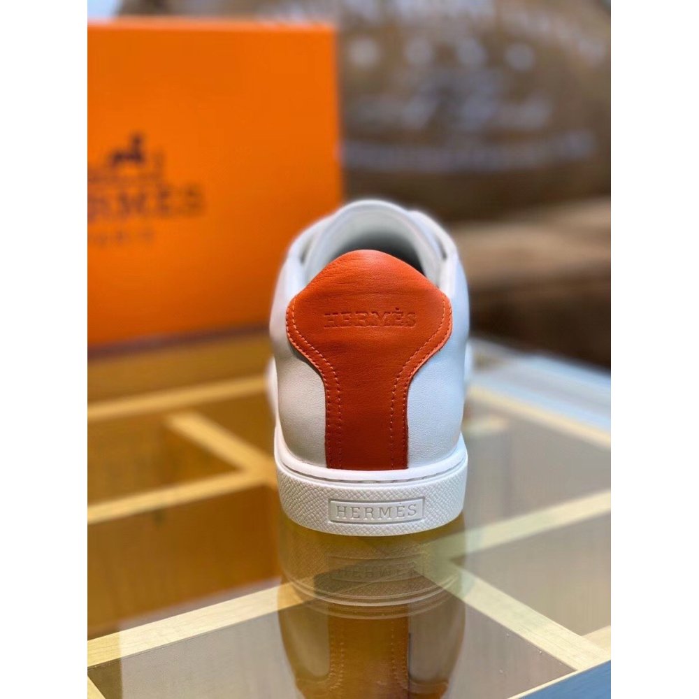 Cheap Reps Hermes Mens Avantage Sneakers In White/Orange Calfskin