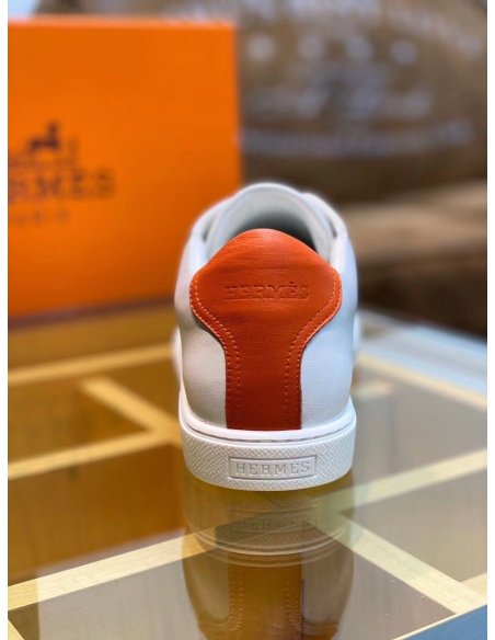 Cheap Reps Hermes Mens Avantage Sneakers In White/Orange Calfskin