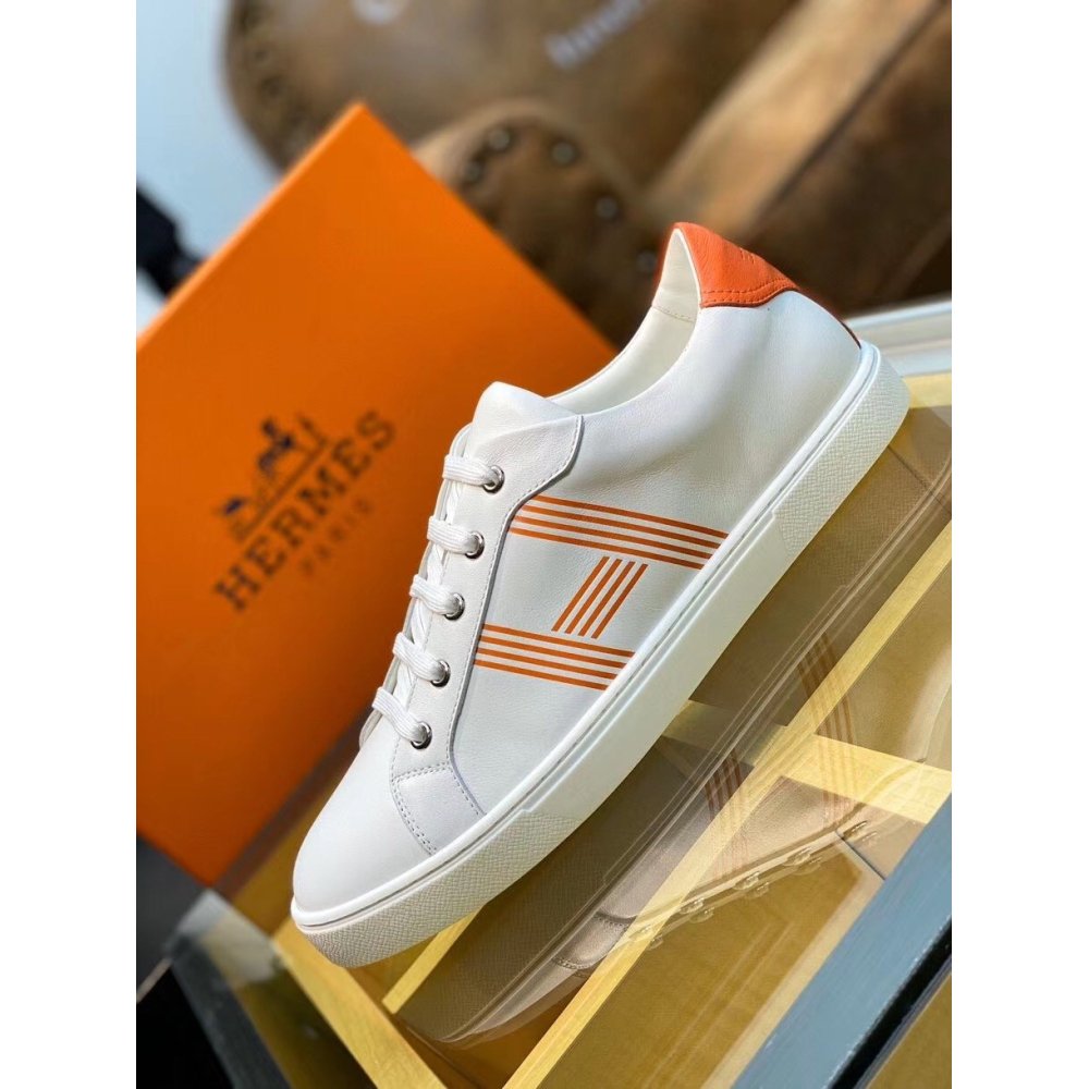 Cheap Reps Hermes Mens Avantage Sneakers In White/Orange Calfskin