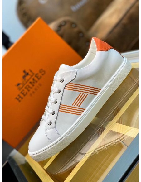 Cheap Reps Hermes Mens Avantage Sneakers In White/Orange Calfskin