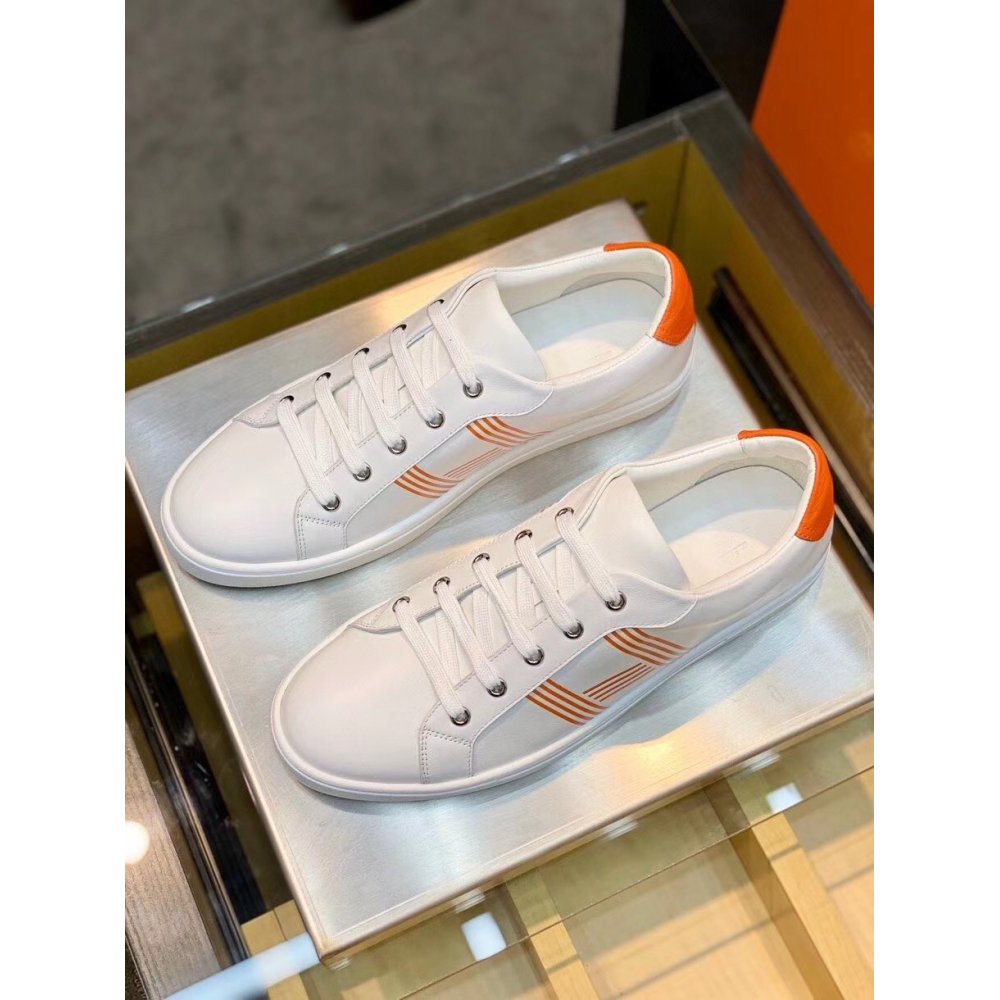 Cheap Reps Hermes Mens Avantage Sneakers In White/Orange Calfskin