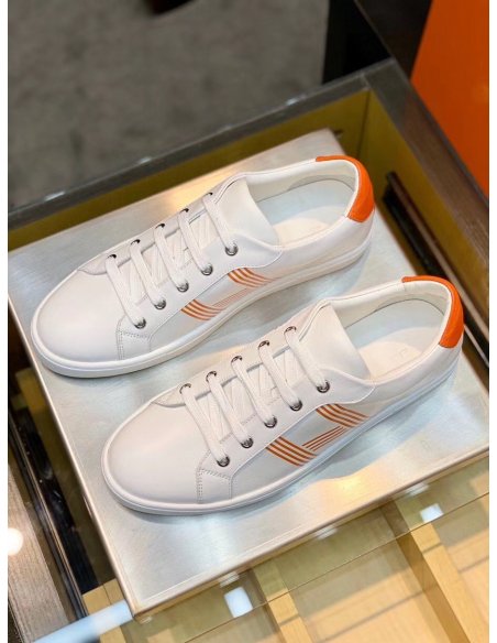 Cheap Reps Hermes Mens Avantage Sneakers In White/Orange Calfskin