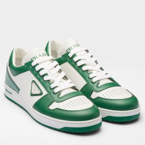 Cheap Reps Prada Mens Downtown Sneakers in White and Green Leather