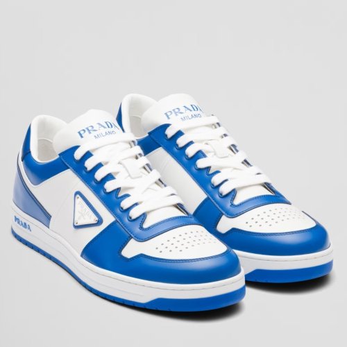 Cheap Reps Prada Mens Downtown Sneakers in White and Blue Leather