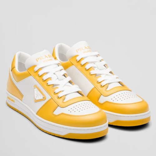 Cheap Reps Prada Mens Downtown Sneakers in White and Yellow Leather