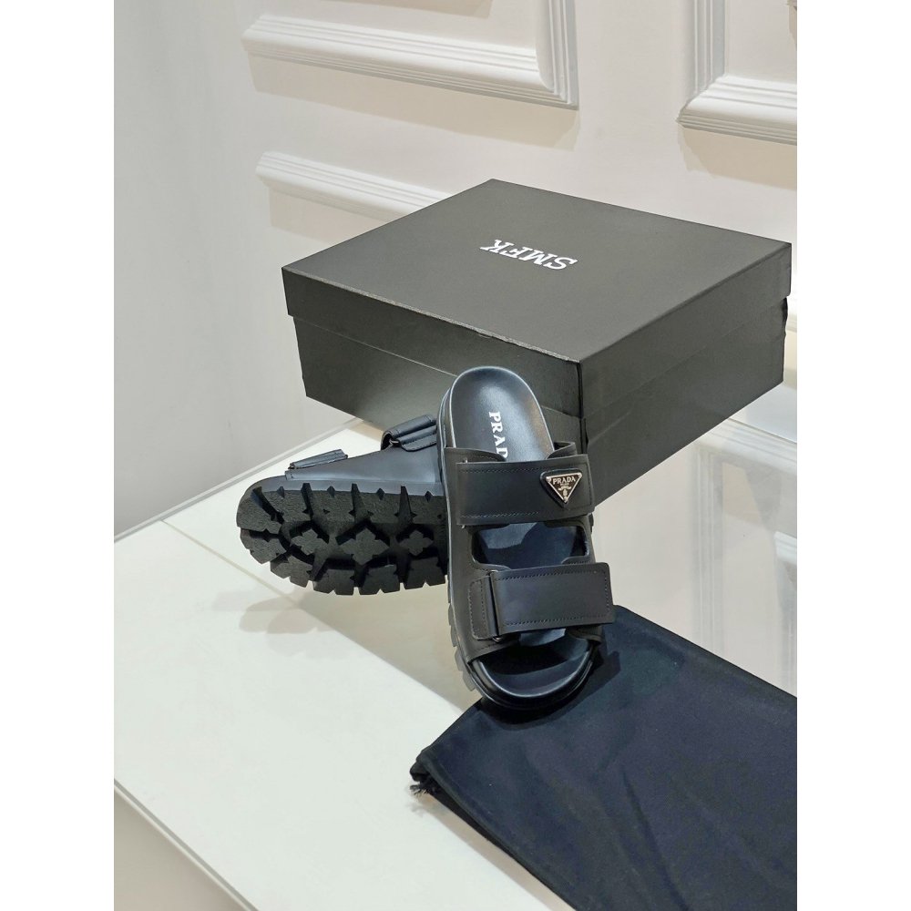 Cheap Reps Prada Mens Strap Sandals in Black Leather