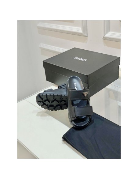 Cheap Reps Prada Mens Strap Sandals in Black Leather
