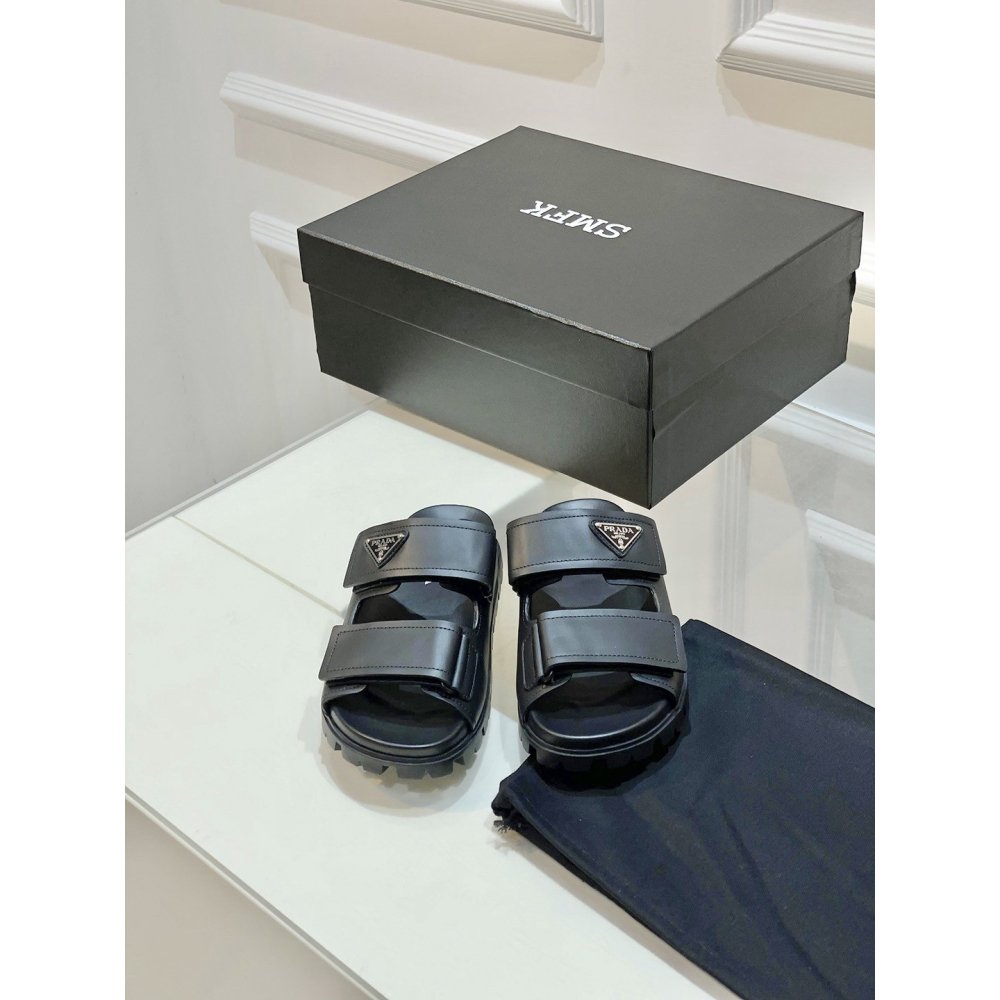Cheap Reps Prada Mens Strap Sandals in Black Leather