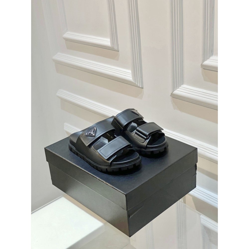 Cheap Reps Prada Mens Strap Sandals in Black Leather