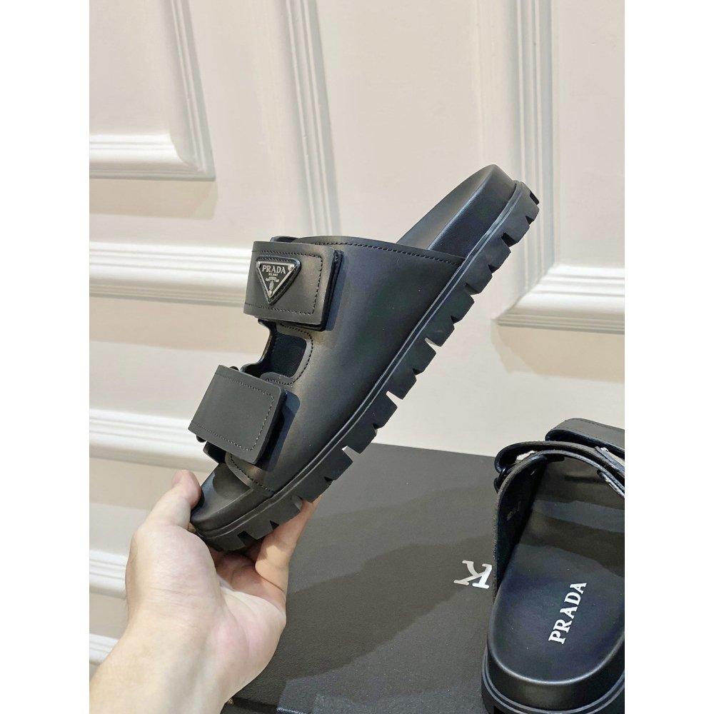 Cheap Reps Prada Mens Strap Sandals in Black Leather