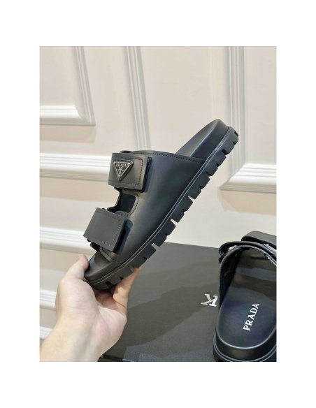 Cheap Reps Prada Mens Strap Sandals in Black Leather