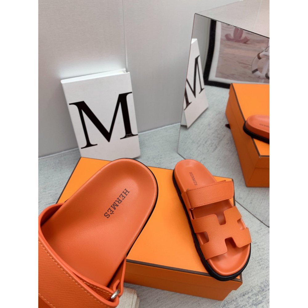 Cheap Reps Hermes Mens Chypre Sandals in Orange Epsom Calfskin
