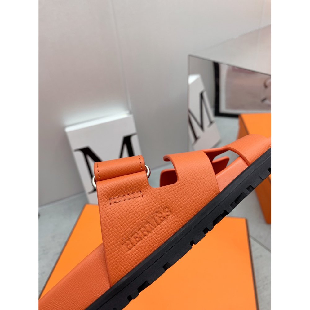 Cheap Reps Hermes Mens Chypre Sandals in Orange Epsom Calfskin