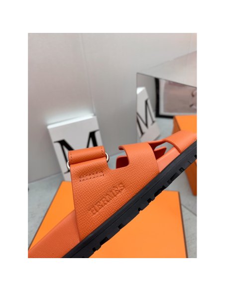 Cheap Reps Hermes Mens Chypre Sandals in Orange Epsom Calfskin