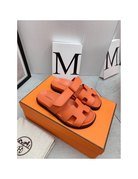 Cheap Reps Hermes Mens Chypre Sandals in Orange Epsom Calfskin