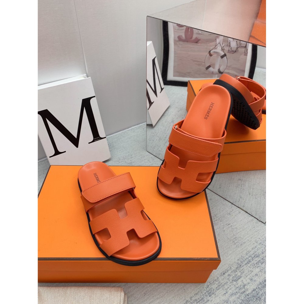 Cheap Reps Hermes Mens Chypre Sandals in Orange Epsom Calfskin