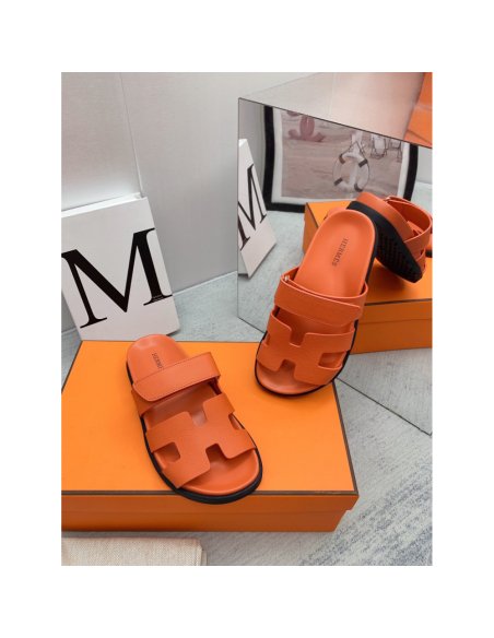 Cheap Reps Hermes Mens Chypre Sandals in Orange Epsom Calfskin