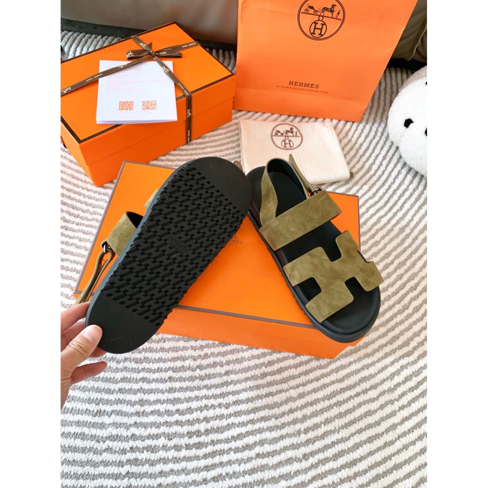 Cheap Reps Hermes Mens Genius Sandals In Green Suede Calfskin