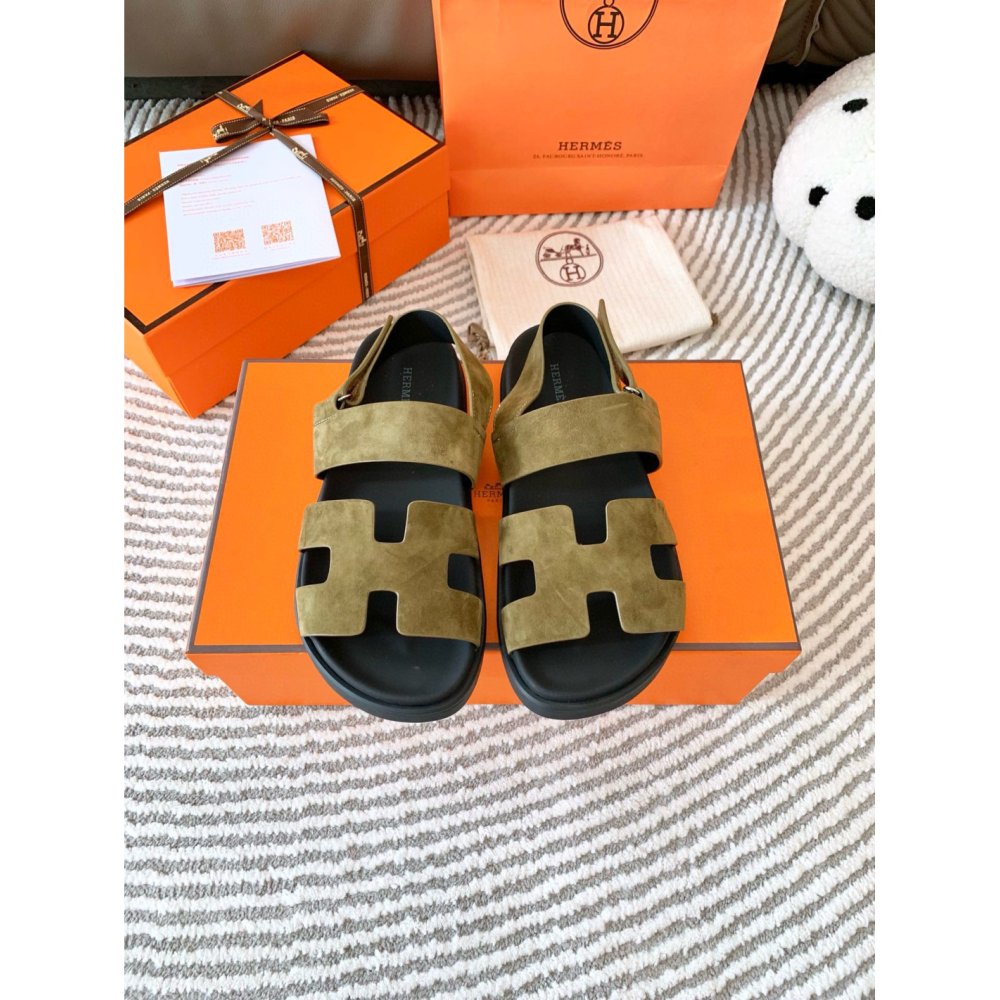 Cheap Reps Hermes Mens Genius Sandals In Green Suede Calfskin