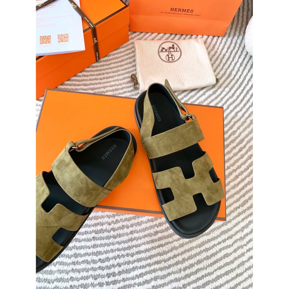 Cheap Reps Hermes Mens Genius Sandals In Green Suede Calfskin