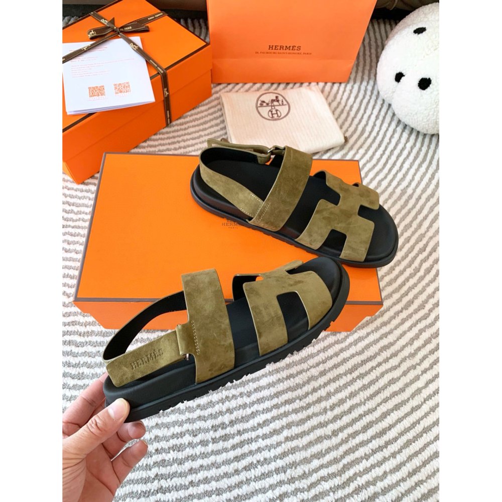 Cheap Reps Hermes Mens Genius Sandals In Green Suede Calfskin