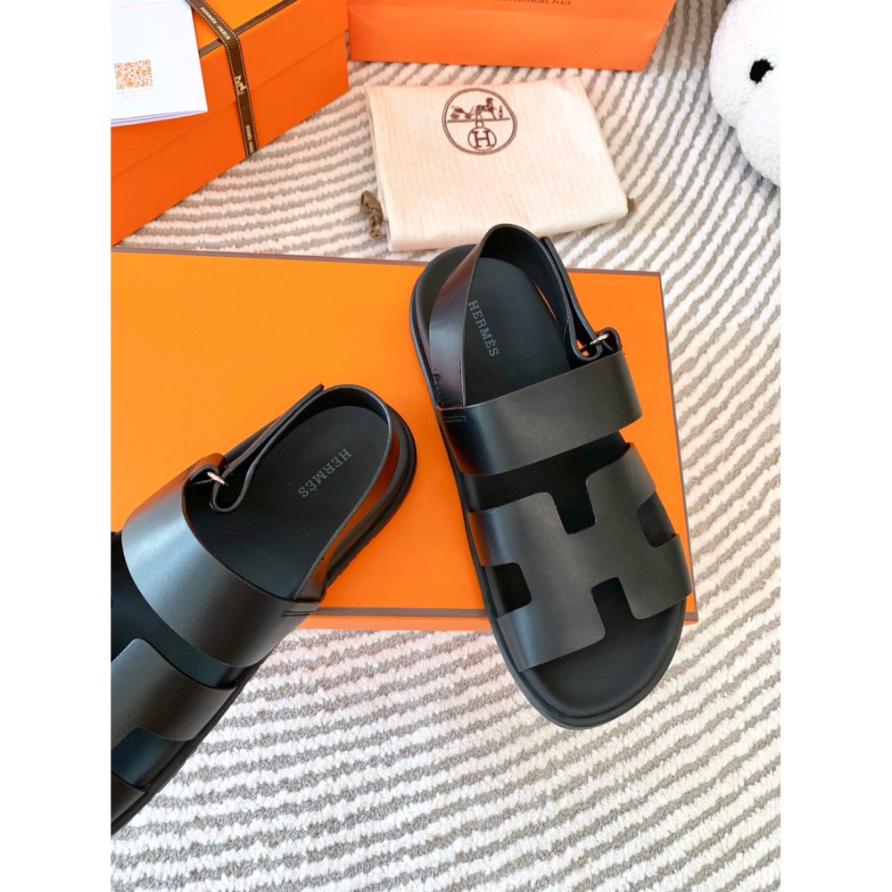 Cheap Reps Hermes Mens Genius Sandals In Black Calfskin