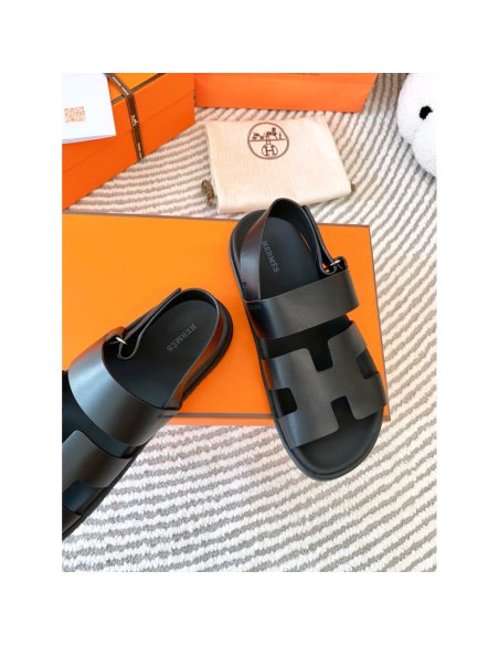 Cheap Reps Hermes Mens Genius Sandals In Black Calfskin