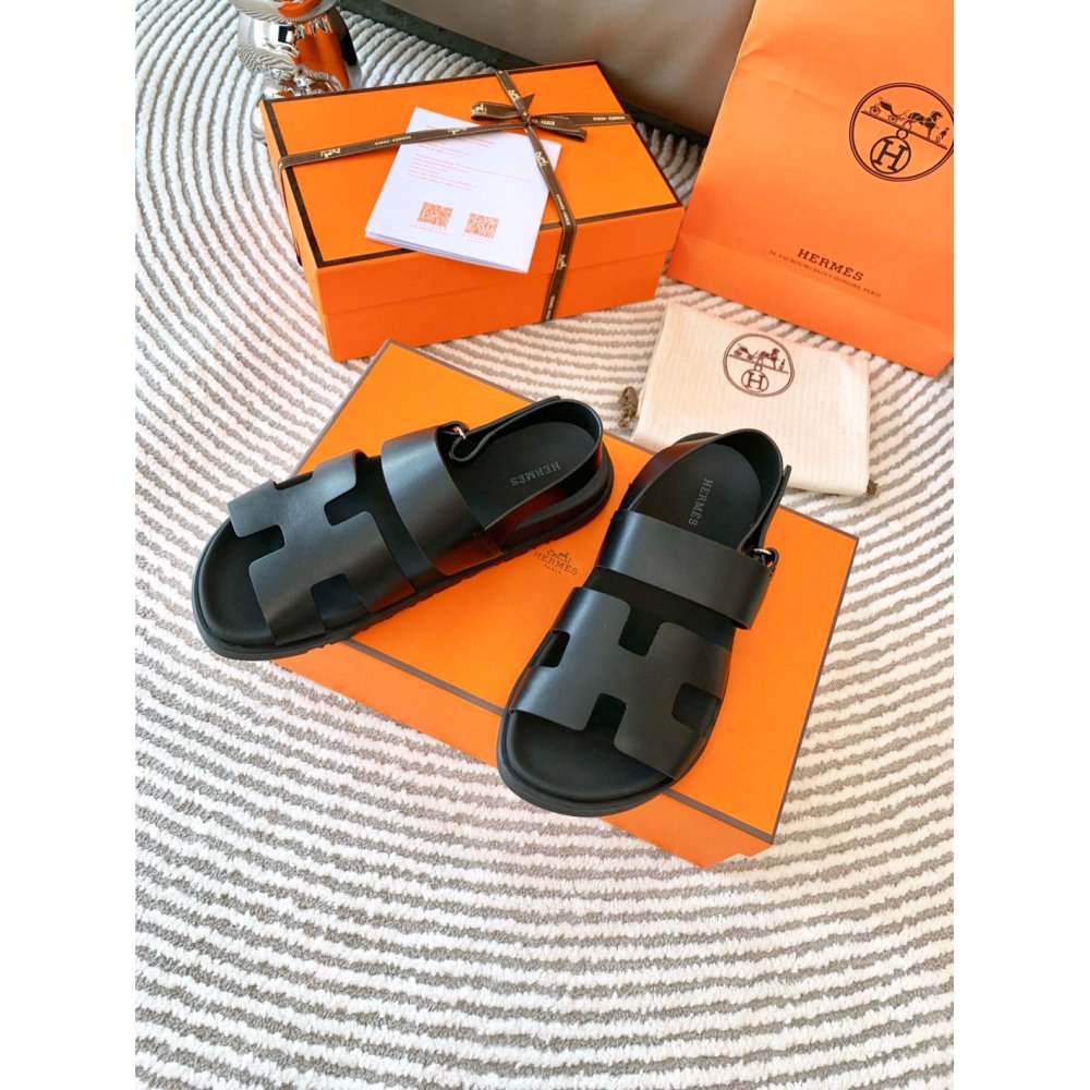 Cheap Reps Hermes Mens Genius Sandals In Black Calfskin