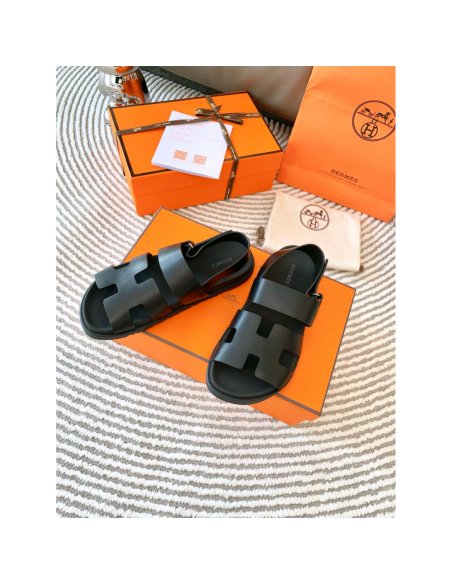 Cheap Reps Hermes Mens Genius Sandals In Black Calfskin