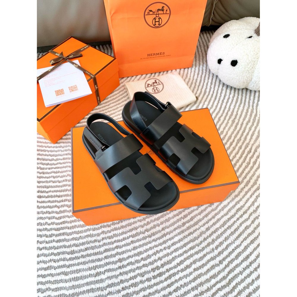 Cheap Reps Hermes Mens Genius Sandals In Black Calfskin
