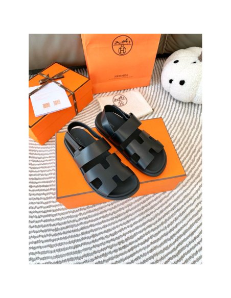 Cheap Reps Hermes Mens Genius Sandals In Black Calfskin