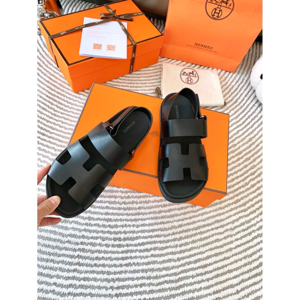 Cheap Reps Hermes Mens Genius Sandals In Black Calfskin