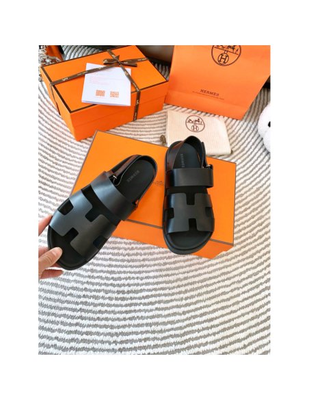 Cheap Reps Hermes Mens Genius Sandals In Black Calfskin