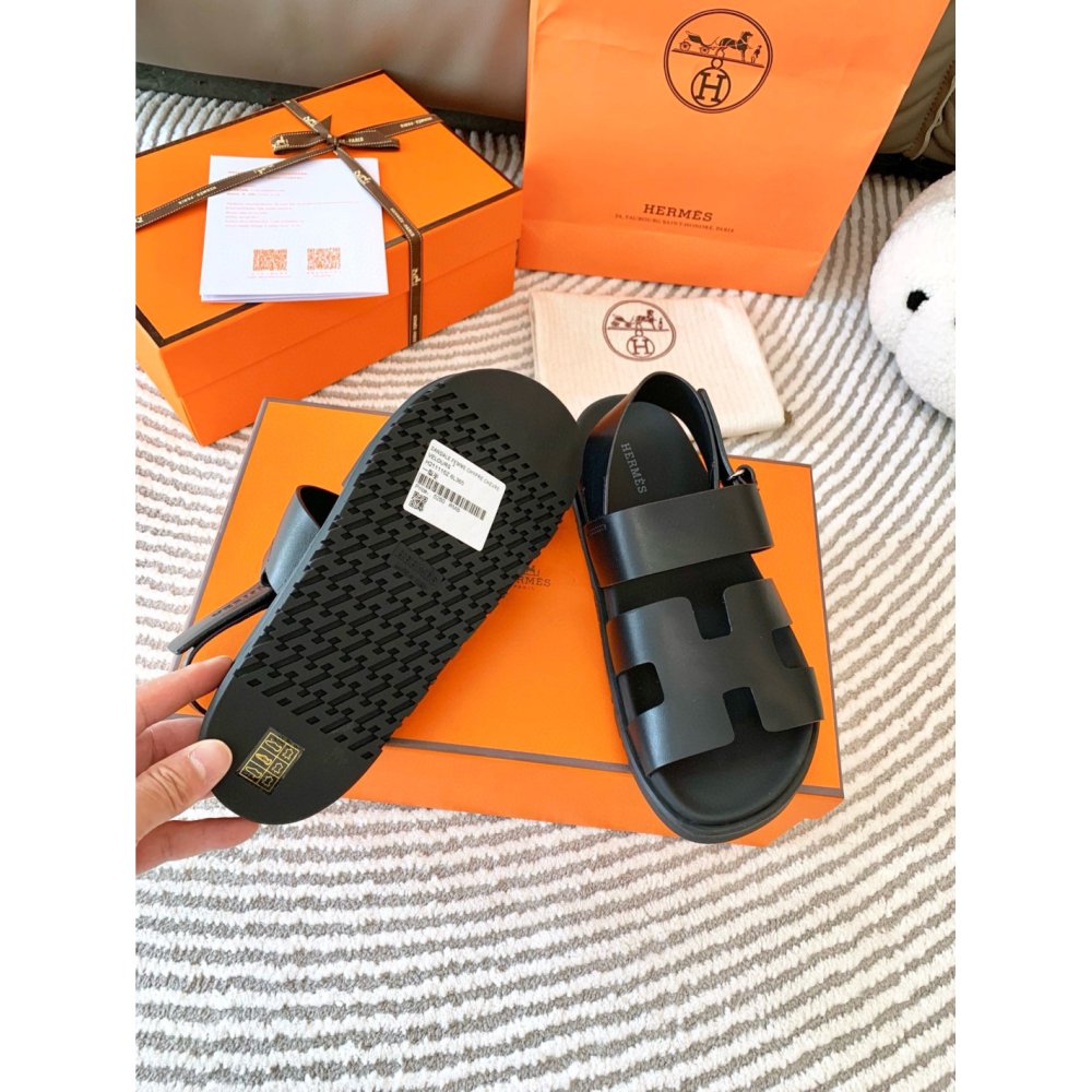 Cheap Reps Hermes Mens Genius Sandals In Black Calfskin