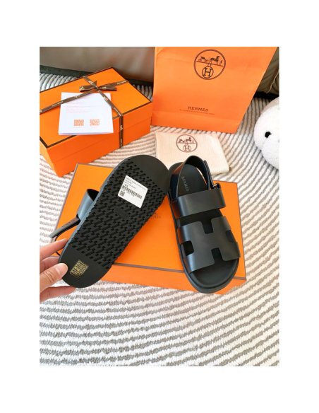 Cheap Reps Hermes Mens Genius Sandals In Black Calfskin