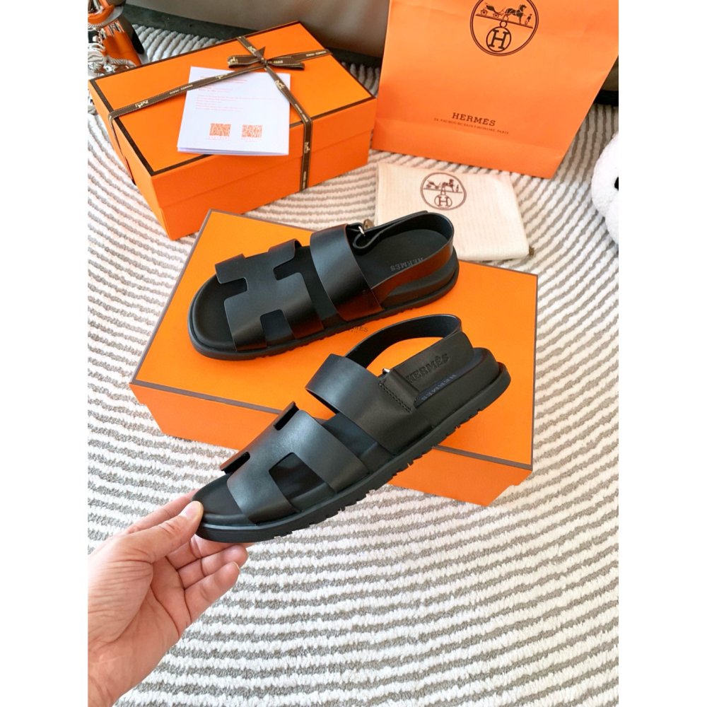 Cheap Reps Hermes Mens Genius Sandals In Black Calfskin