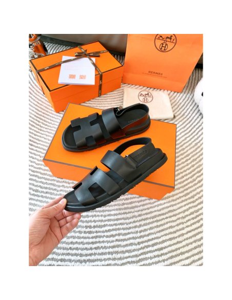 Cheap Reps Hermes Mens Genius Sandals In Black Calfskin
