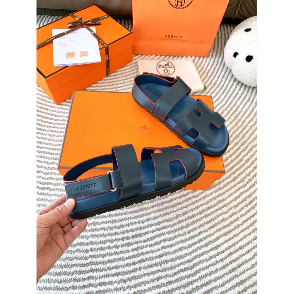 Cheap Reps Hermes Mens Genius Sandals In Blue Calfskin