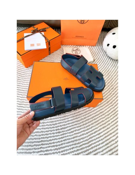 Cheap Reps Hermes Mens Genius Sandals In Blue Calfskin