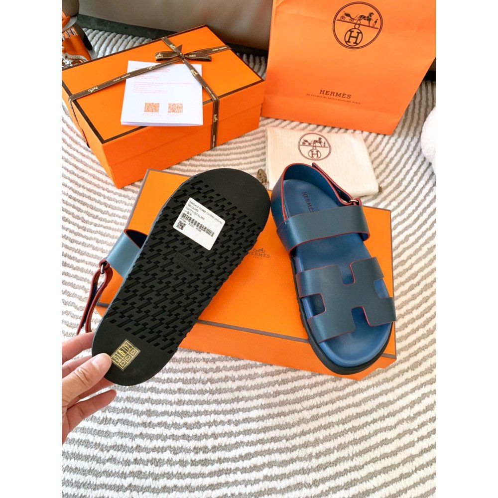 Cheap Reps Hermes Mens Genius Sandals In Blue Calfskin