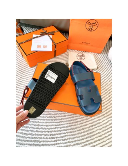 Cheap Reps Hermes Mens Genius Sandals In Blue Calfskin