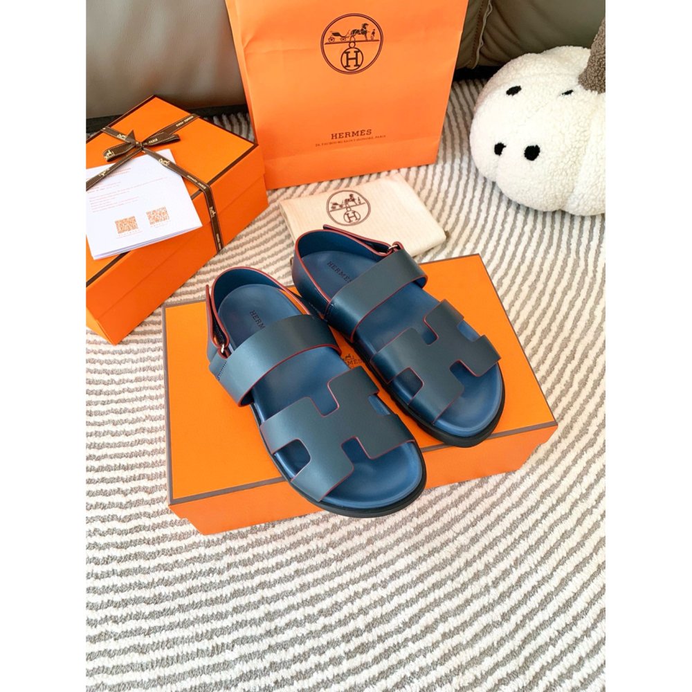 Cheap Reps Hermes Mens Genius Sandals In Blue Calfskin