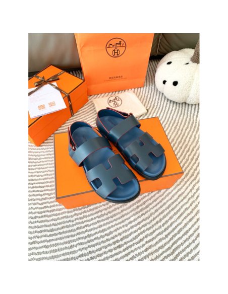 Cheap Reps Hermes Mens Genius Sandals In Blue Calfskin
